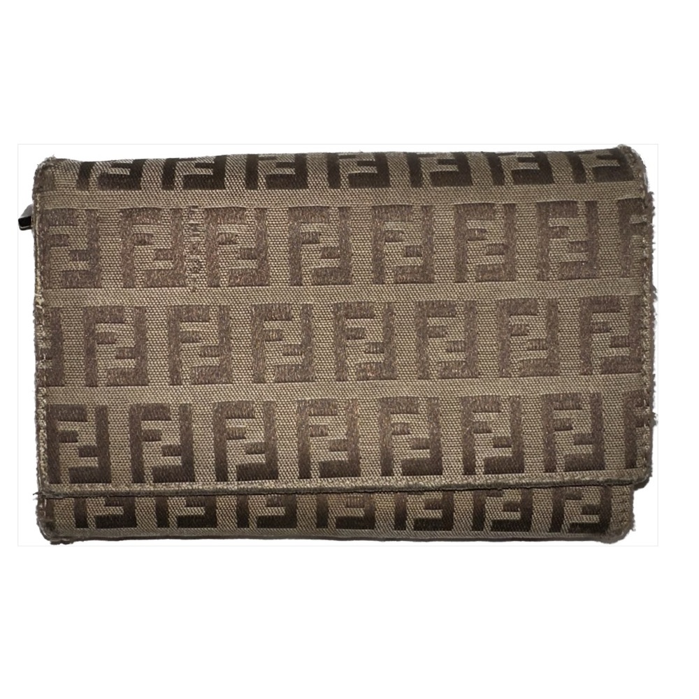 Fendi Vintage Wallet Long Zucchino Canvas Leather Bifold with coin zip pocket